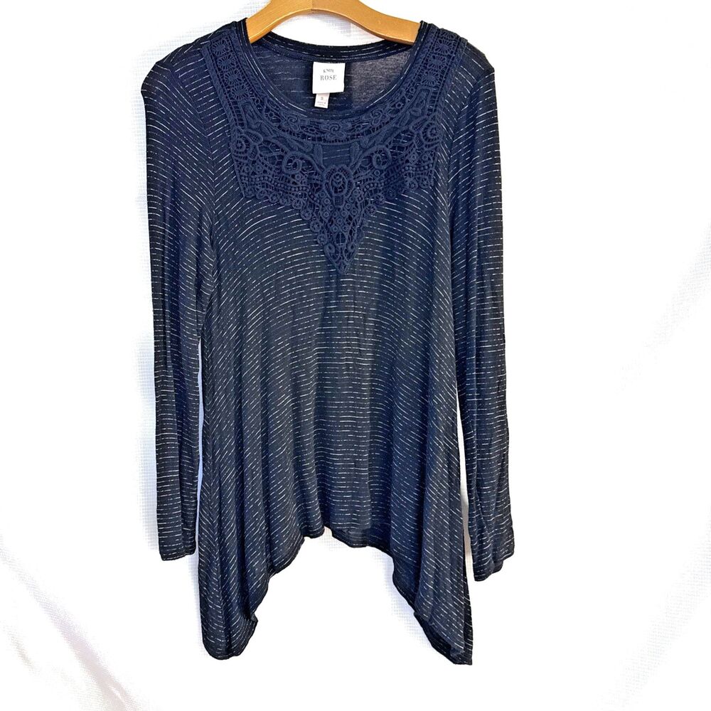 Knox Rose Womens Long Sleeve Top Lace Neck Asymmetrical Shark Bite Hem Black S